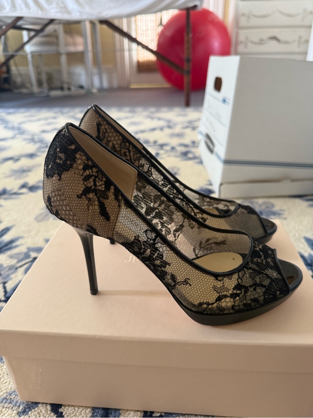 Jimmy Choo Black Lace Peep-Toe Stilettos